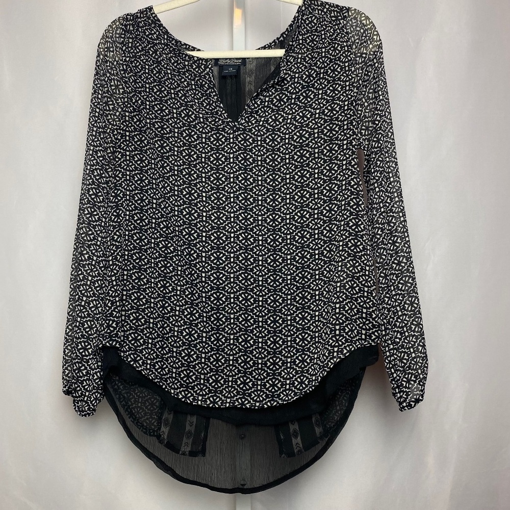 Lucky Brand Womenʻs Black | White Long Sleeve Split Neck Blouse XS